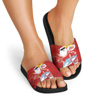 Hawaiian Mele Kalikimaka Slide Sandals Funny Santa Riding Lei Dolphin with Kakau Tattoos - Polynesian Pride