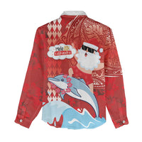 Hawaiian Mele Kalikimaka Women Casual Shirt Funny Santa Riding Lei Dolphin with Kakau Tattoos LT03 - Polynesian Pride