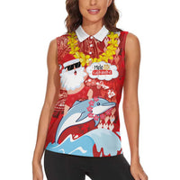 Hawaiian Mele Kalikimaka Women Sleeveless Polo Shirt Funny Santa Riding Lei Dolphin with Kakau Tattoos LT03 - Polynesian Pride