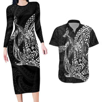 Hawaiian Whales Polynesian Art Motifs Couples Matching Long Sleeve Bodycon Dress and Hawaiian Shirt Black Color LT03 Black - Polynesian Pride