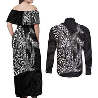 Hawaiian Whales Polynesian Art Motifs Couples Matching Off Shoulder Maxi Dress and Long Sleeve Button Shirt Black Color LT03 - Polynesian Pride