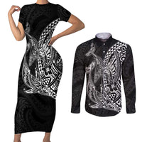Hawaiian Whales Polynesian Art Motifs Couples Matching Short Sleeve Bodycon Dress and Long Sleeve Button Shirt Black Color LT03 Black - Polynesian Pride