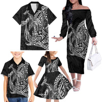 Hawaiian Whales Polynesian Art Motifs Family Matching Off The Shoulder Long Sleeve Dress and Hawaiian Shirt Black Color LT03 - Polynesian Pride