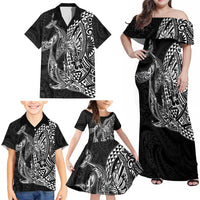 Hawaiian Whales Polynesian Art Motifs Family Matching Off Shoulder Maxi Dress and Hawaiian Shirt Black Color LT03 - Polynesian Pride