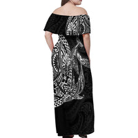 Hawaiian Whales Polynesian Art Motifs Family Matching Off Shoulder Maxi Dress and Hawaiian Shirt Black Color LT03 - Polynesian Pride