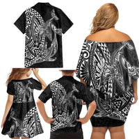 Hawaiian Whales Polynesian Art Motifs Family Matching Off Shoulder Short Dress and Hawaiian Shirt Black Color LT03 - Polynesian Pride