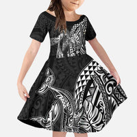 Hawaiian Whales Polynesian Art Motifs Family Matching Summer Maxi Dress and Hawaiian Shirt Black Color LT03 Daughter's Dress Black - Polynesian Pride