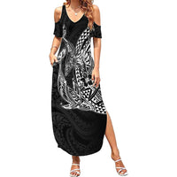 Hawaiian Whales Polynesian Art Motifs Family Matching Summer Maxi Dress and Hawaiian Shirt Black Color LT03 Mom's Dress Black - Polynesian Pride