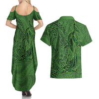 Hawaiian Whales Polynesian Art Motifs Couples Matching Summer Maxi Dress and Hawaiian Shirt Green Color LT03 - Polynesian Pride