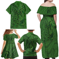 Hawaiian Whales Polynesian Art Motifs Family Matching Off Shoulder Maxi Dress and Hawaiian Shirt Green Color LT03 - Polynesian Pride