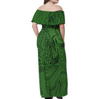 Hawaiian Whales Polynesian Art Motifs Family Matching Off Shoulder Maxi Dress and Hawaiian Shirt Green Color LT03 - Polynesian Pride