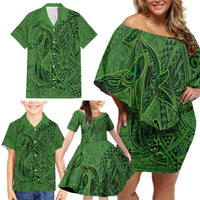 Hawaiian Whales Polynesian Art Motifs Family Matching Off Shoulder Short Dress and Hawaiian Shirt Green Color LT03 - Polynesian Pride