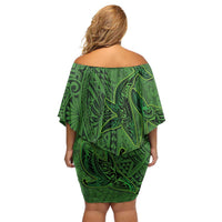 Hawaiian Whales Polynesian Art Motifs Family Matching Off Shoulder Short Dress and Hawaiian Shirt Green Color LT03 - Polynesian Pride