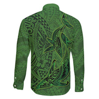 Hawaiian Whales Polynesian Art Motifs Family Matching Short Sleeve Bodycon Dress and Hawaiian Shirt Green Color LT03 - Polynesian Pride