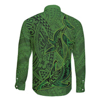 Hawaiian Whales Polynesian Art Motifs Long Sleeve Button Shirt Green Color - Polynesian Pride