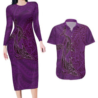 Hawaiian Whales Polynesian Art Motifs Couples Matching Long Sleeve Bodycon Dress and Hawaiian Shirt Purple Color LT03 Purple - Polynesian Pride