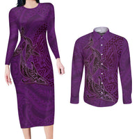 Hawaiian Whales Polynesian Art Motifs Couples Matching Long Sleeve Bodycon Dress and Long Sleeve Button Shirt Purple Color LT03 Purple - Polynesian Pride