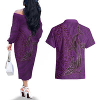 Hawaiian Whales Polynesian Art Motifs Couples Matching Off The Shoulder Long Sleeve Dress and Hawaiian Shirt Purple Color LT03 - Polynesian Pride