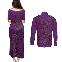 Hawaiian Whales Polynesian Art Motifs Couples Matching Puletasi and Long Sleeve Button Shirt Purple Color - Polynesian Pride