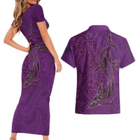 Hawaiian Whales Polynesian Art Motifs Couples Matching Short Sleeve Bodycon Dress and Hawaiian Shirt Purple Color LT03 - Polynesian Pride