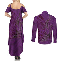 Hawaiian Whales Polynesian Art Motifs Couples Matching Summer Maxi Dress and Long Sleeve Button Shirt Purple Color - Polynesian Pride