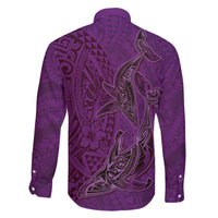 Hawaiian Whales Polynesian Art Motifs Family Matching Off The Shoulder Long Sleeve Dress and Hawaiian Shirt Purple Color LT03 - Polynesian Pride