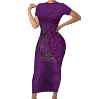 Hawaiian Whales Polynesian Art Motifs Family Matching Short Sleeve Bodycon Dress and Hawaiian Shirt Purple Color LT03 Mom's Dress Purple - Polynesian Pride