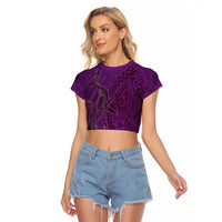Hawaiian Whales Polynesian Art Motifs Raglan Cropped T Shirt Purple Color - Polynesian Pride