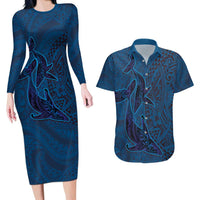 Hawaiian Whales Polynesian Art Motifs Couples Matching Long Sleeve Bodycon Dress and Hawaiian Shirt Blue Color LT03 Blue - Polynesian Pride