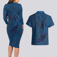 Hawaiian Whales Polynesian Art Motifs Couples Matching Long Sleeve Bodycon Dress and Hawaiian Shirt Blue Color LT03 - Polynesian Pride