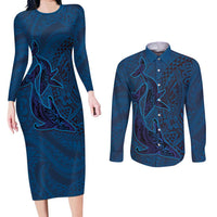 Hawaiian Whales Polynesian Art Motifs Couples Matching Long Sleeve Bodycon Dress and Long Sleeve Button Shirt Blue Color LT03 Blue - Polynesian Pride