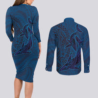 Hawaiian Whales Polynesian Art Motifs Couples Matching Long Sleeve Bodycon Dress and Long Sleeve Button Shirt Blue Color LT03 - Polynesian Pride
