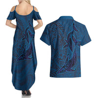 Hawaiian Whales Polynesian Art Motifs Couples Matching Summer Maxi Dress and Hawaiian Shirt Blue Color - Polynesian Pride