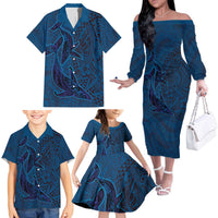 Hawaiian Whales Polynesian Art Motifs Family Matching Off The Shoulder Long Sleeve Dress and Hawaiian Shirt Blue Color LT03 - Polynesian Pride