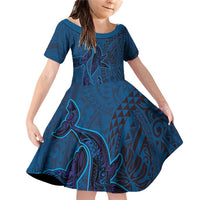 Hawaiian Whales Polynesian Art Motifs Family Matching Off Shoulder Short Dress and Hawaiian Shirt Blue Color LT03 Daughter's Dress Blue - Polynesian Pride