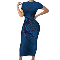 Hawaiian Whales Polynesian Art Motifs Family Matching Short Sleeve Bodycon Dress and Hawaiian Shirt Blue Color LT03 Mom's Dress Blue - Polynesian Pride