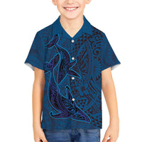 Hawaiian Whales Polynesian Art Motifs Family Matching Short Sleeve Bodycon Dress and Hawaiian Shirt Blue Color LT03 Son's Shirt Blue - Polynesian Pride