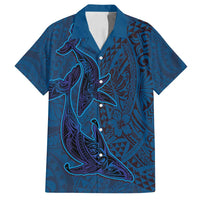 Hawaiian Whales Polynesian Art Motifs Family Matching Tank Maxi Dress and Hawaiian Shirt Blue Color LT03 Dad's Shirt - Short Sleeve Blue - Polynesian Pride