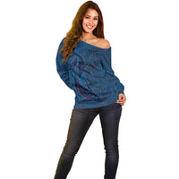 Hawaiian Whales Polynesian Art Motifs Off Shoulder Sweater Blue Color - Polynesian Pride