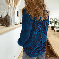 Hawaiian Whales Polynesian Art Motifs Women Casual Shirt Blue Color - Polynesian Pride