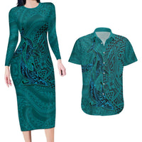 Hawaiian Whales Polynesian Art Motifs Couples Matching Long Sleeve Bodycon Dress and Hawaiian Shirt Turquoise Color LT03 Turquoise - Polynesian Pride