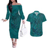 Hawaiian Whales Polynesian Art Motifs Couples Matching Off The Shoulder Long Sleeve Dress and Hawaiian Shirt Turquoise Color LT03 Turquoise - Polynesian Pride