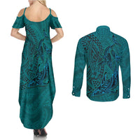Hawaiian Whales Polynesian Art Motifs Couples Matching Summer Maxi Dress and Long Sleeve Button Shirt Turquoise Color - Polynesian Pride