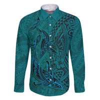 Hawaiian Whales Polynesian Art Motifs Family Matching Off The Shoulder Long Sleeve Dress and Hawaiian Shirt Turquoise Color LT03 Dad's Shirt - Long Sleeve Turquoise - Polynesian Pride