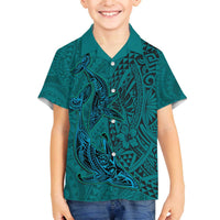 Hawaiian Whales Polynesian Art Motifs Family Matching Off The Shoulder Long Sleeve Dress and Hawaiian Shirt Turquoise Color LT03 Son's Shirt Turquoise - Polynesian Pride