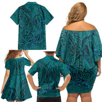 Hawaiian Whales Polynesian Art Motifs Family Matching Off Shoulder Short Dress and Hawaiian Shirt Turquoise Color LT03 - Polynesian Pride