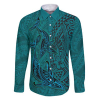 Hawaiian Whales Polynesian Art Motifs Family Matching Off Shoulder Short Dress and Hawaiian Shirt Turquoise Color LT03 Dad's Shirt - Long Sleeve Turquoise - Polynesian Pride