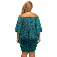 Hawaiian Whales Polynesian Art Motifs Family Matching Off Shoulder Short Dress and Hawaiian Shirt Turquoise Color LT03 - Polynesian Pride