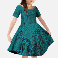 Hawaiian Whales Polynesian Art Motifs Family Matching Puletasi and Hawaiian Shirt Turquoise Color LT03 Daughter's Dress Turquoise - Polynesian Pride