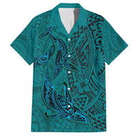 Hawaiian Whales Polynesian Art Motifs Family Matching Puletasi and Hawaiian Shirt Turquoise Color LT03 Dad's Shirt - Short Sleeve Turquoise - Polynesian Pride